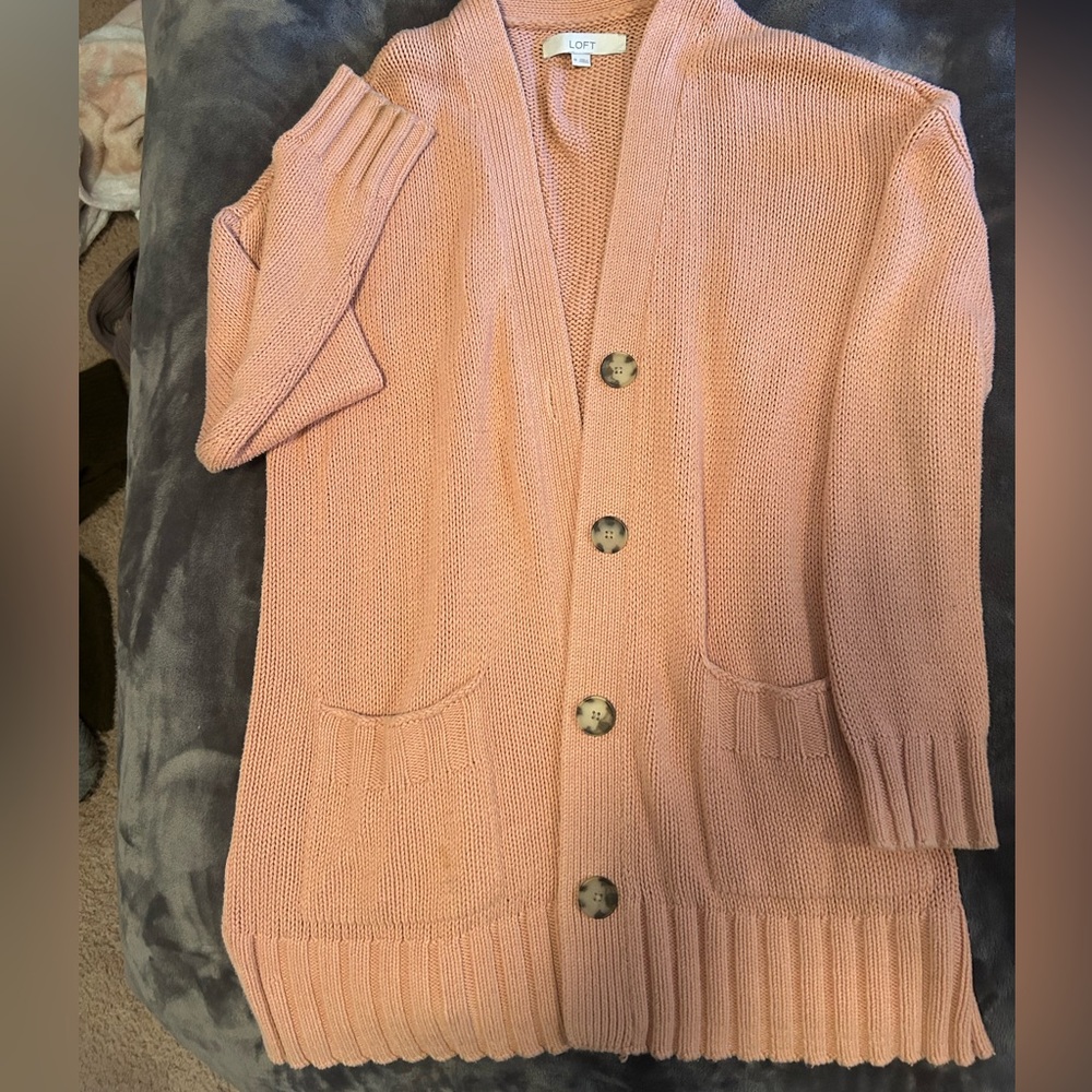 LOFT Pink Cardigan Sweater V-Neck Ribbed